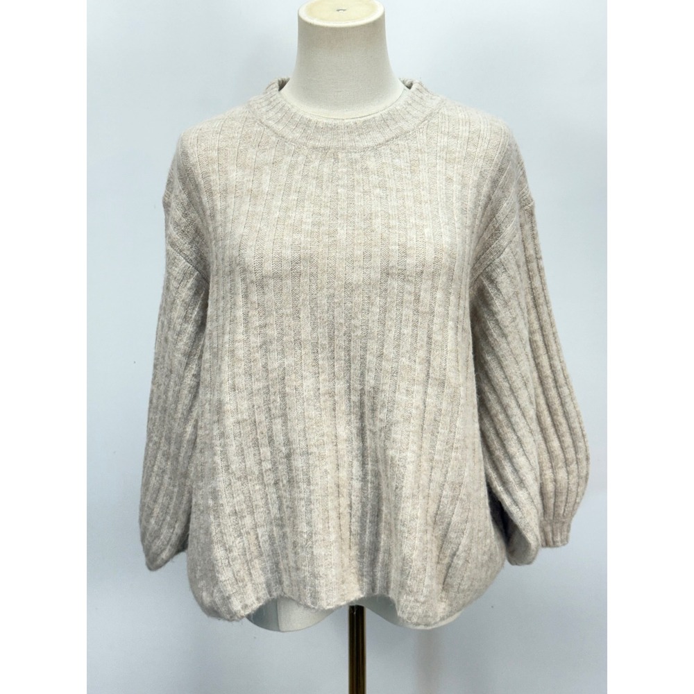 Grade & Gather Ribbed Knit Balloon Sleeve Sweater Oatmeal Beige Small Pullover